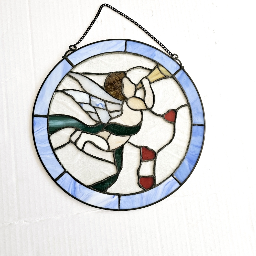 Stained glass angel cherub round 12 inch suncatcher glass chain hanger
